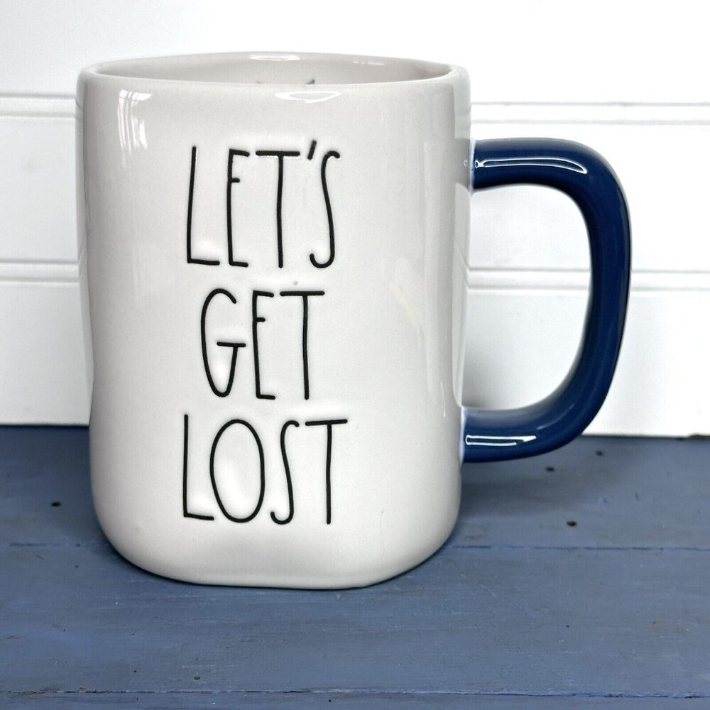 Rae Dunn Coffee Tea Mug Cup "Let's Get Lost" Drinkware White Blue